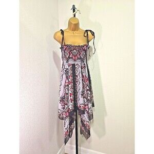 Fairy Grunge Asymmetric Dark Romance Milkmaid Scarf Print Dress L Stretch Ruched